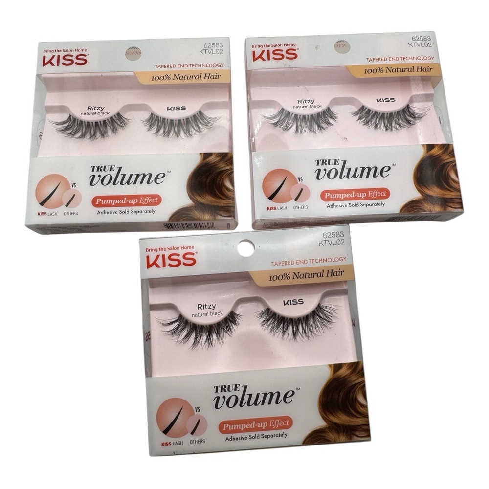 3x KISS True Volume False Eyelashes Ritzy Natural Black 100% Natural‎ Hair